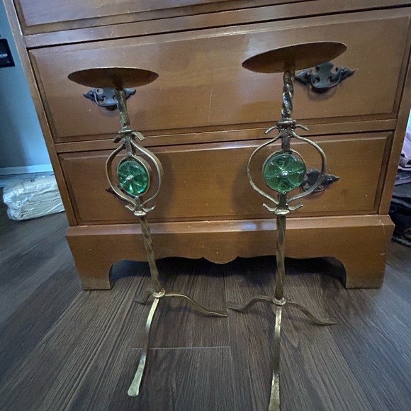 Brass and Green Candle Holders- pair - Picture 2 of 11